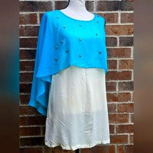 Farinelli Blue Overlay Asymmetric Blouse Sheer Layered Size M